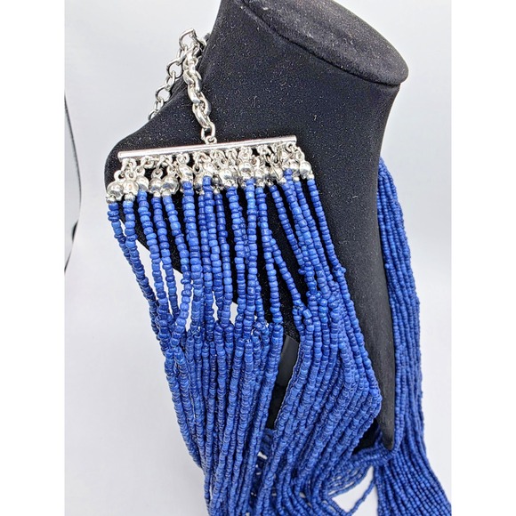 Chicos Blue Seed Bead Necklace Silver Tone 15-19.25" Long Layered Statement EUC - Picture 7 of 10
